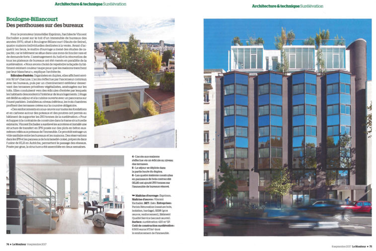 Article Le Moniteur, Penthouses sur des Bureaux, Boulogne-Billancourt, Esprimm, septembre 2017