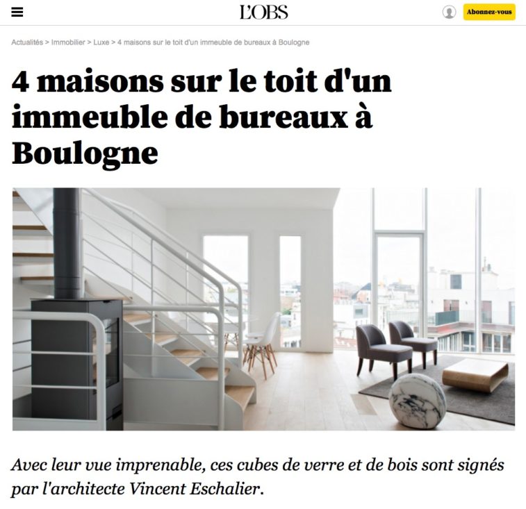 Article L'Obs, 4 maisons sur le toit d'un immeuble de bureaux à Boulogne