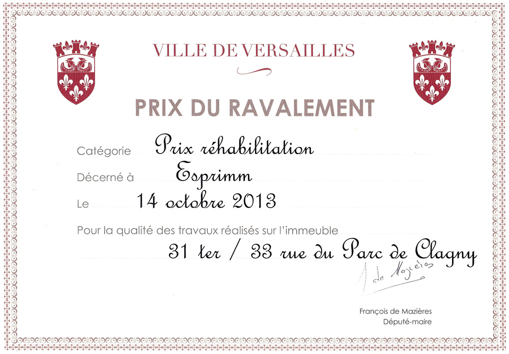 Prix du ravalement - Ville de Versailles - Réhabilitation